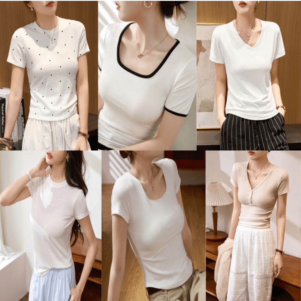 珍しい天下 レディース 夏 半袖Tシャツ Vネック Uネック 無地 ニット ストライプ 結婚式ゲストルック デイリールック ドット 半袖Tシャツ