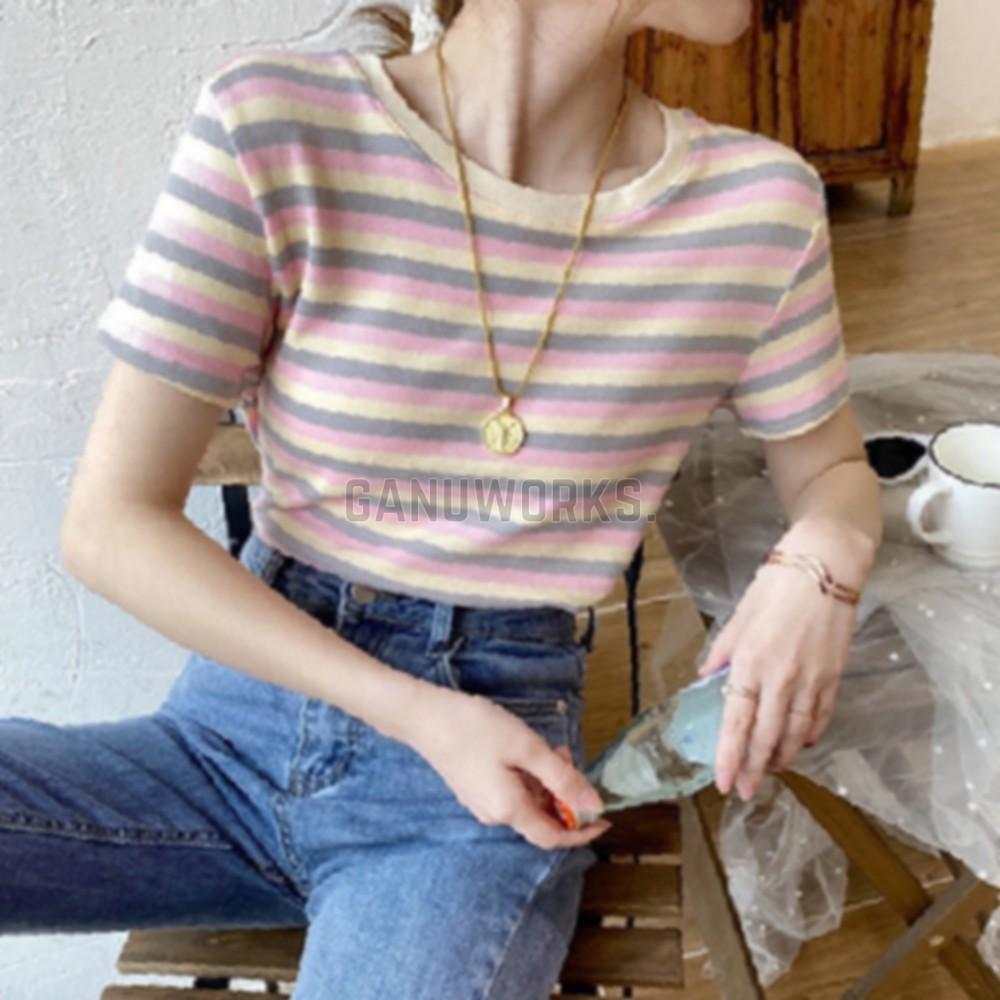 ストライプ半袖Tシャツ デイリールック インナーウェア 夏物半袖Tシャツ レディーストップス