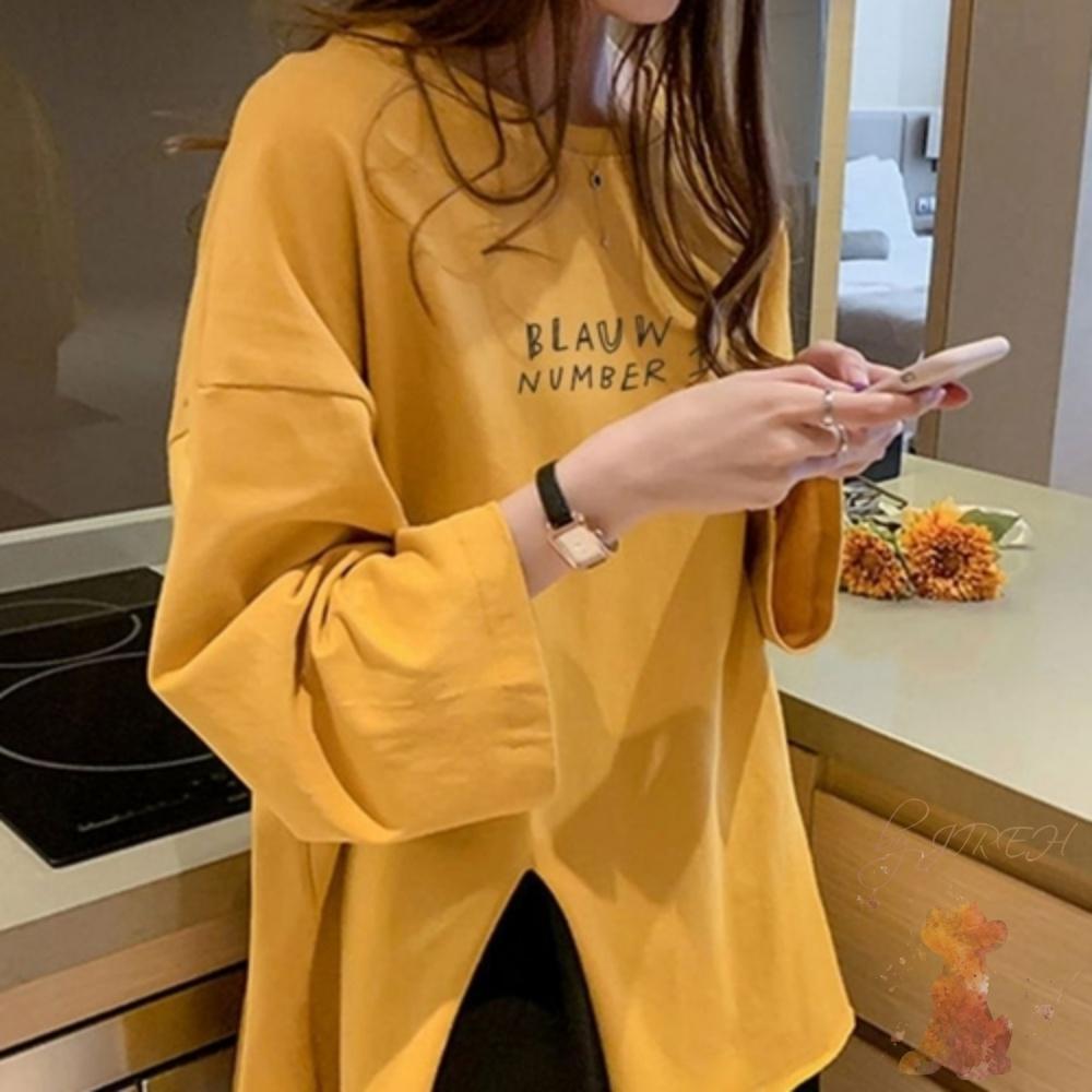 ルーズフィット ヒップカバーTシャツ レディースパジャマトップス レディースベーシックTシャツ スリット長袖Tシャツ 薄手長袖Tシャツ