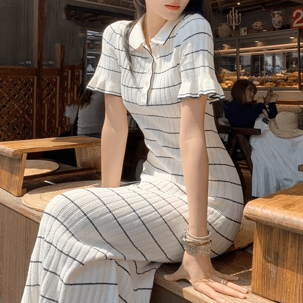 レディース 夏 ニット ロングワンピース ストライプ スリムフィット 半袖 襟付き デート服