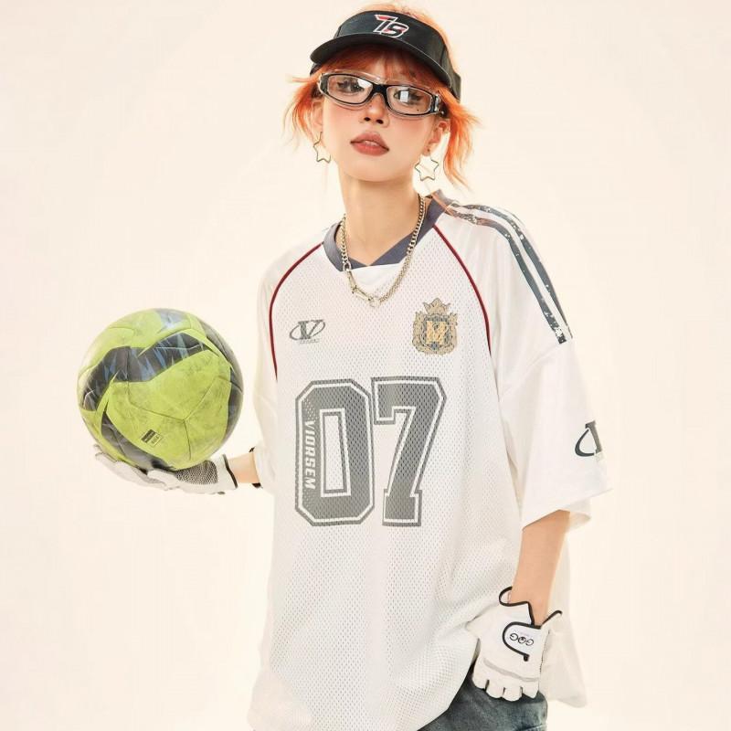 レディース レトロメッシュラグビースリーブTシャツ 夏 スポーティー ルーズフィット カジュアル トップス デイリールック