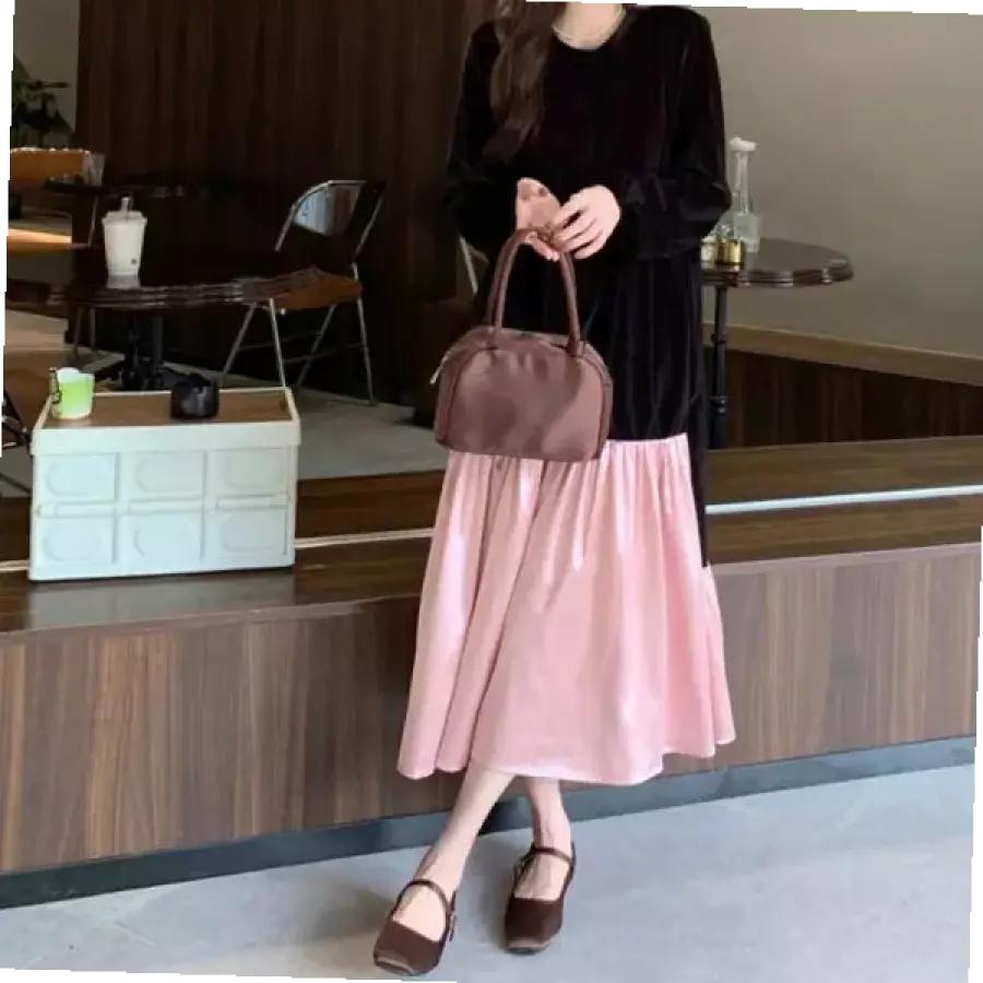 結婚式ゲストワンピース ブラック ピンク 配色 活用度高い ベルベットロングワンピース