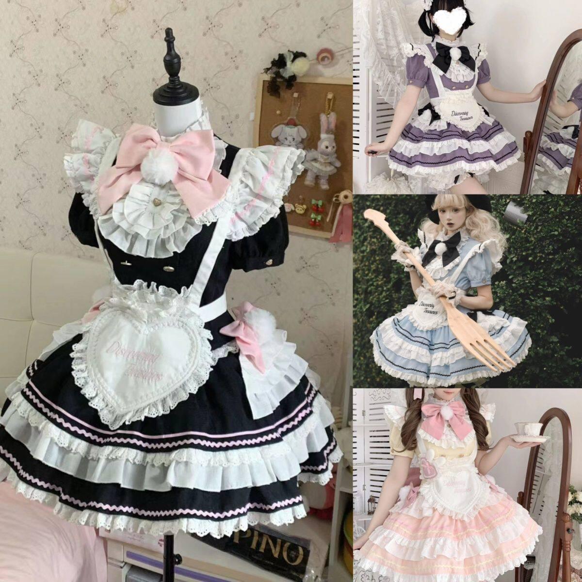 夏ドレス エプロン メイド服 レース 半袖 ピュアコットン ブラックピンク S