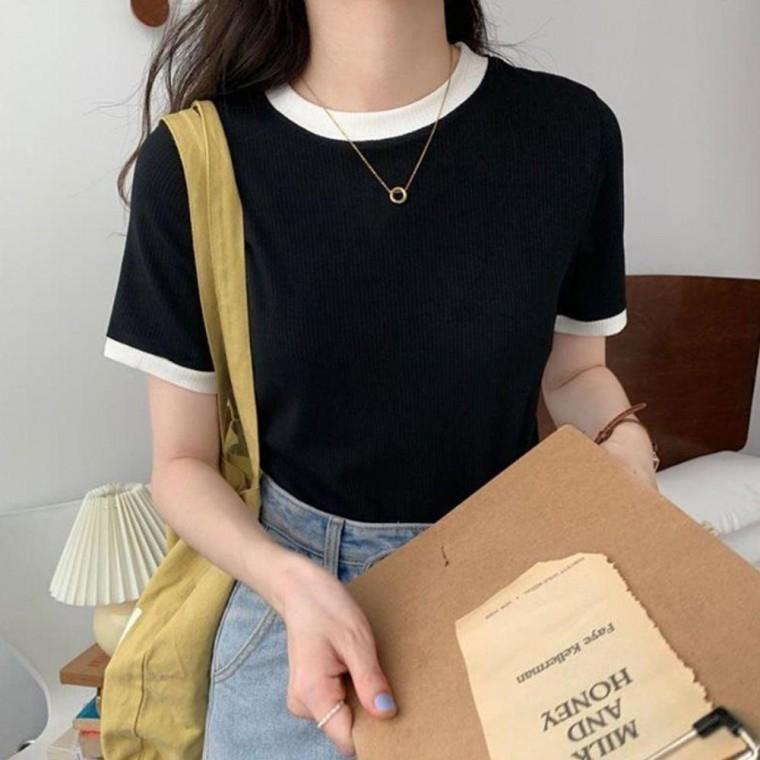 ラウンドカラー ブロッキング 半袖Tシャツ 春夏 デイリーTシャツ レディース トップス デイリールック 女性用春Tシャツ 無地