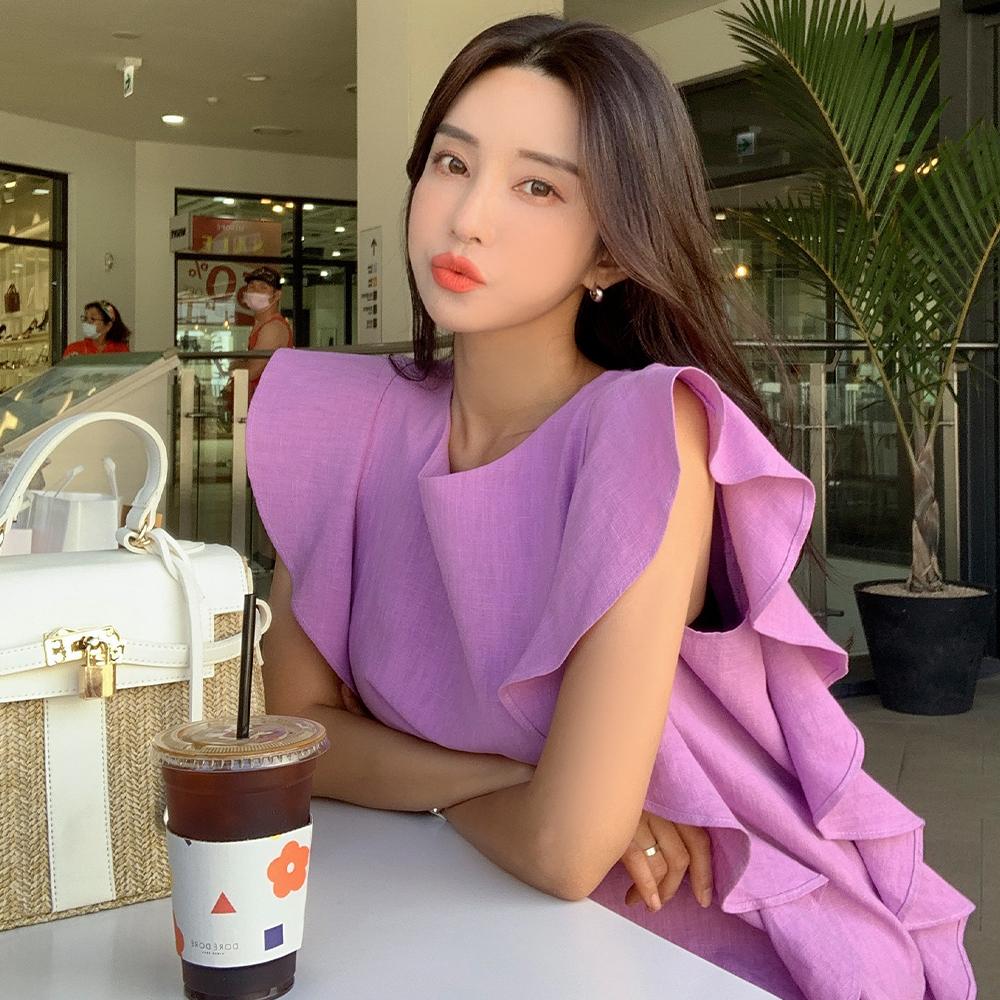 ラブリー リネン フリル ノースリーブ ミニワンピース
