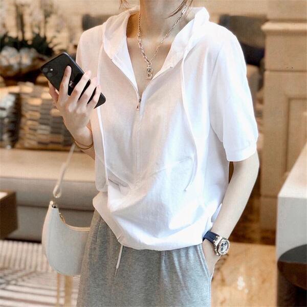 ハーフジップフーディー半袖Tシャツ ストリング フーディー 半袖 夏 レディース トップス