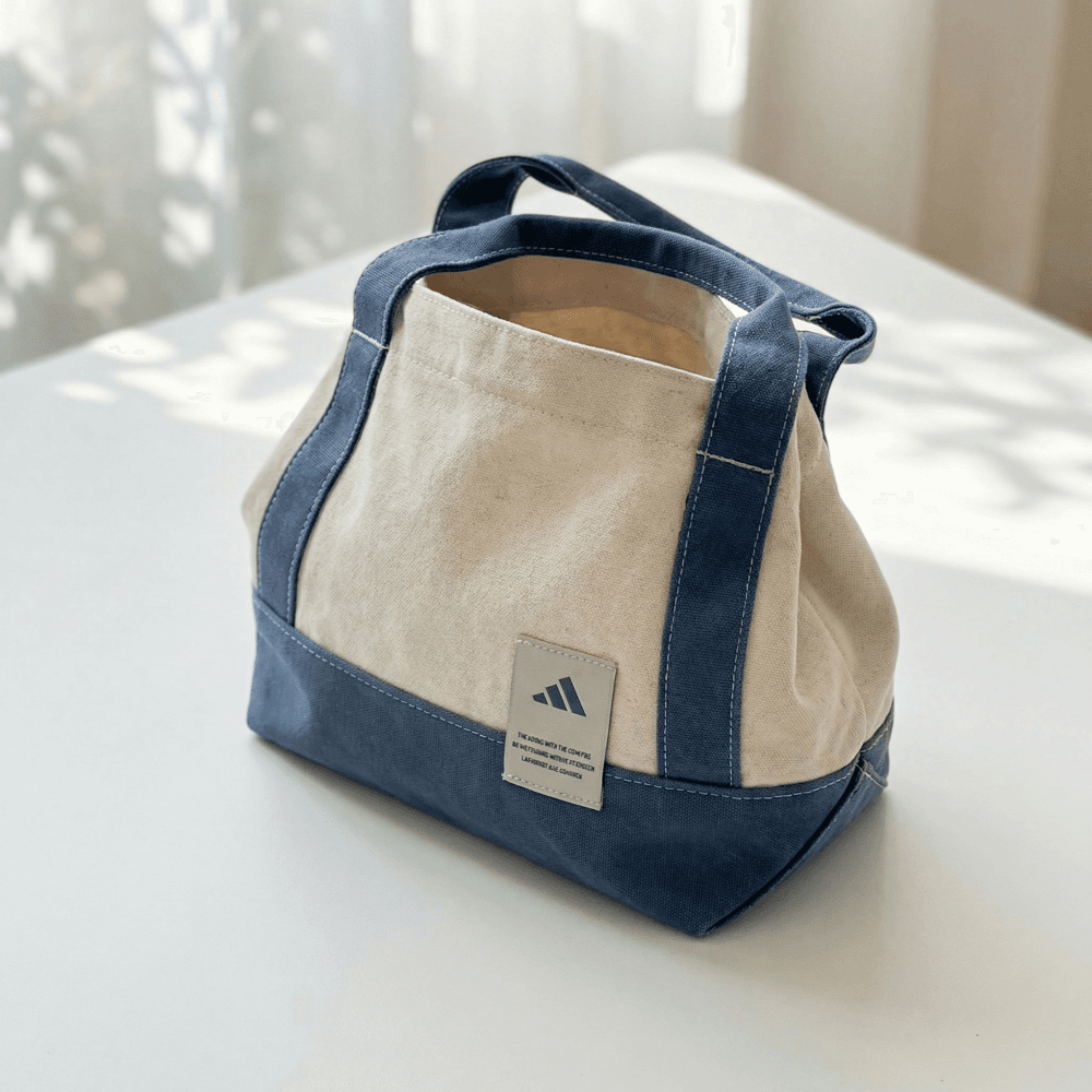 adidas ミニキャンバストートバッグ デイリーシンプル軽量ハンドバッグ 7L アイボリー/デニムブルー