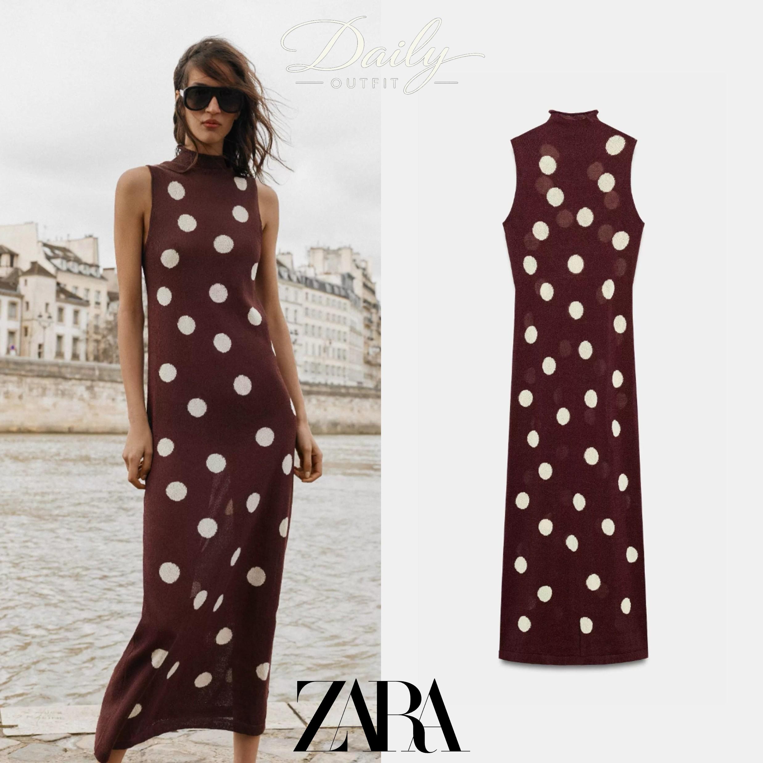 ZARA ザラ レディース ヴィンテージ ドット ノースリーブ ハイネック ニット ロングワンピース 9598020